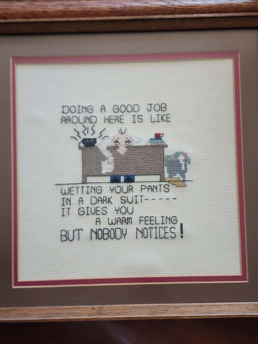 Vintage 1984 Flanders Studio Framed Cross Stitch Office Humor Wall Art